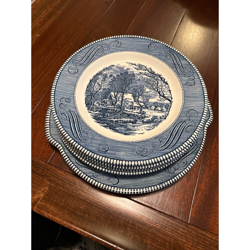 Currier & Ives Blue Dinner Plates + Handled Plate – Royal China – Colonial Scene